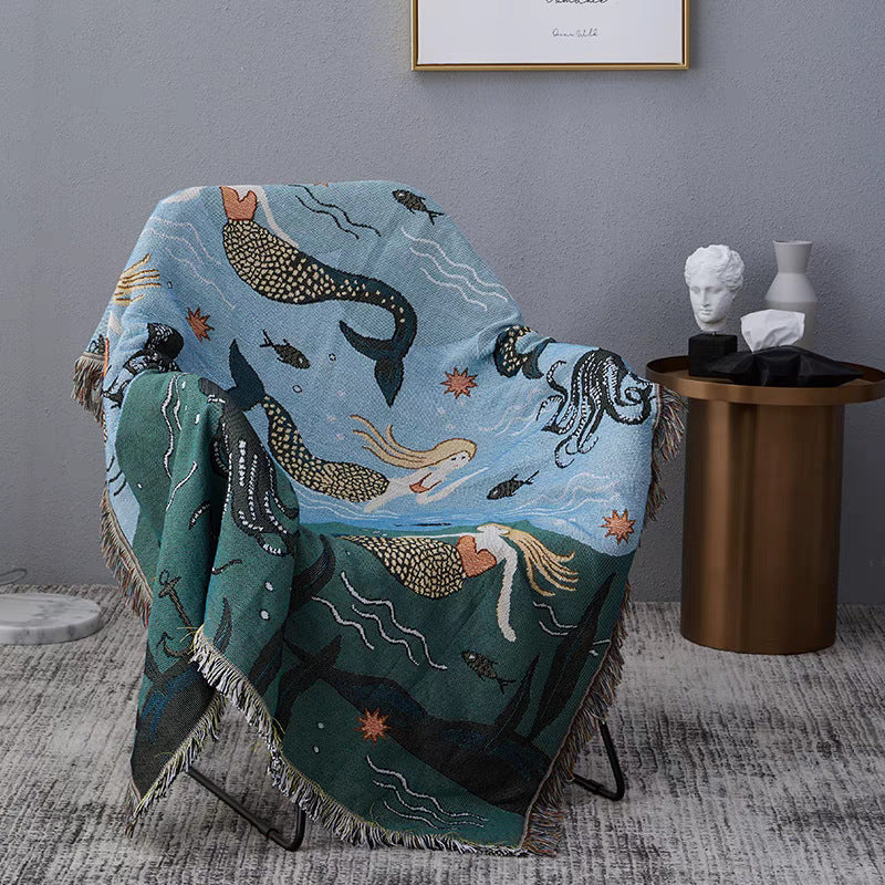 Artistic Mermaid-Themed Woven Throw Blanket