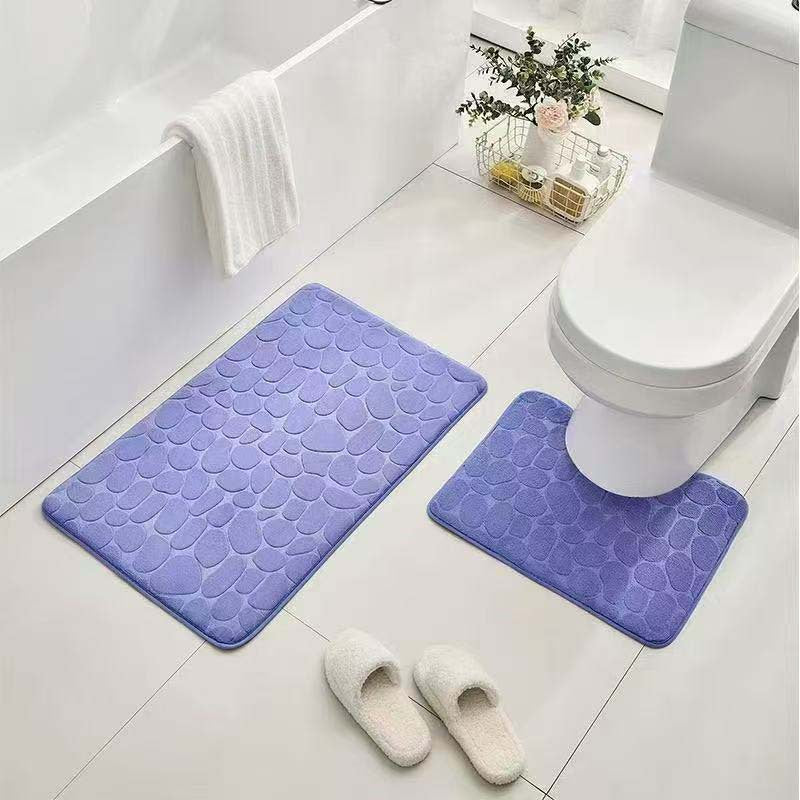 Pebble-Texture Memory Foam Bath Mat Set with U-Shaped Toilet Contour and Rectangular Non-Slip Rug Bowlift