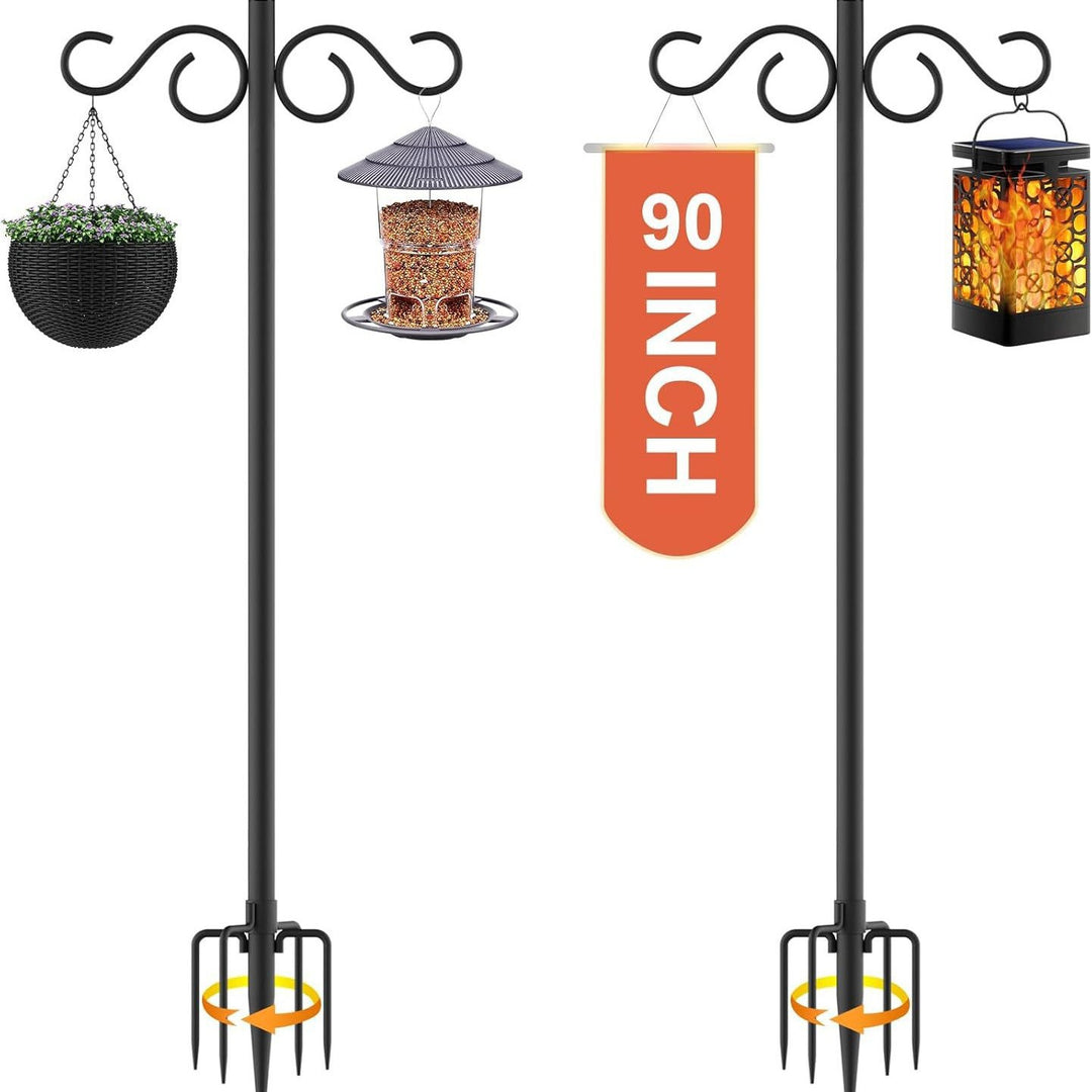 Adjustable double-hook shepherd hook ground stake with anchoring fork for hanging bird feeders and lanterns Bowlift