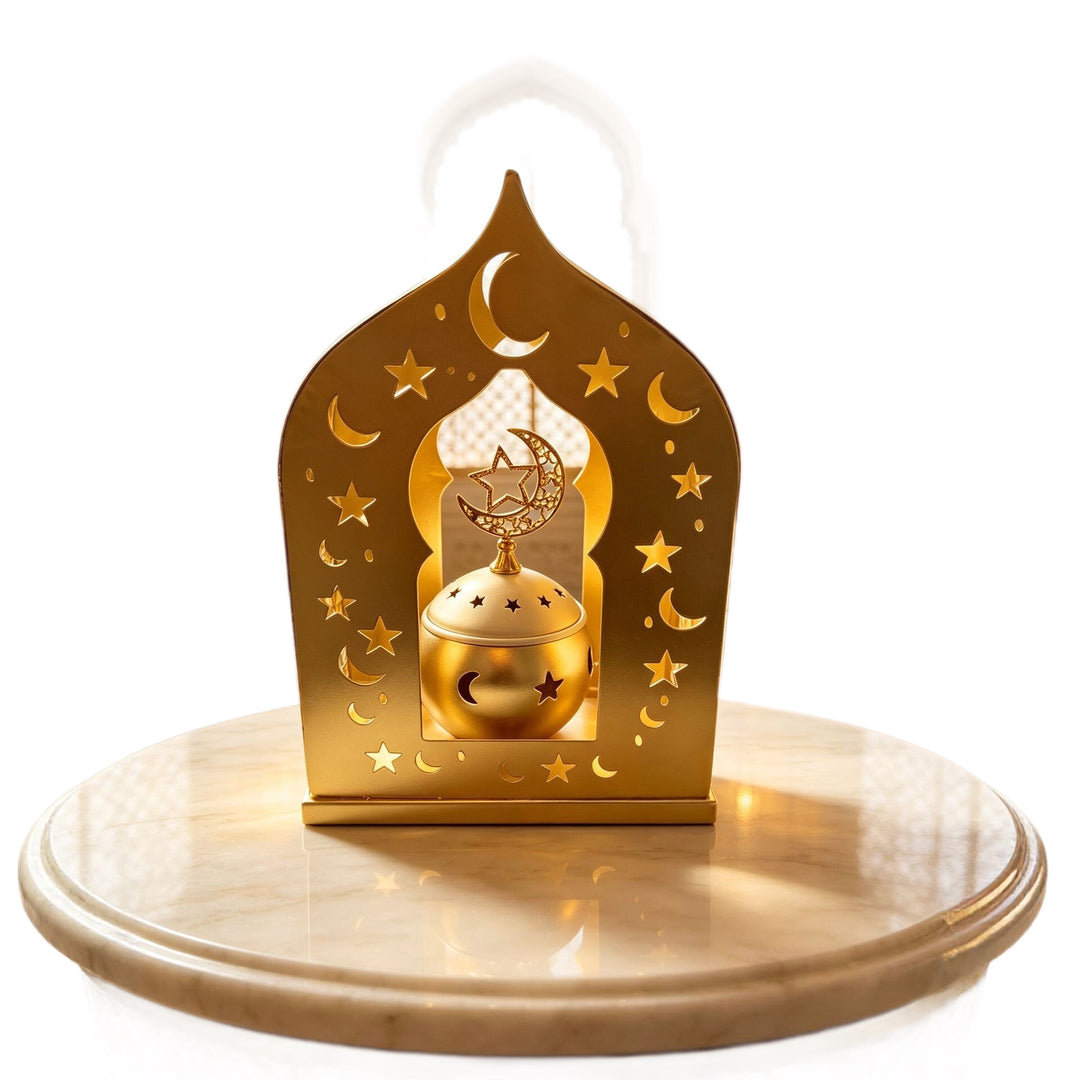 Ornate Metal Crescent-Star Tabletop Lantern with Rotating Incense Burner Bowlift