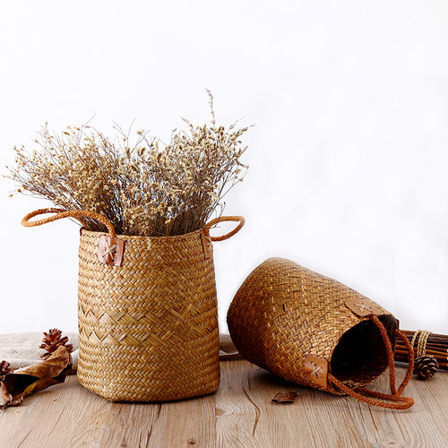 Unisex Handwoven Storage Basket with Leather Handles Bowlift