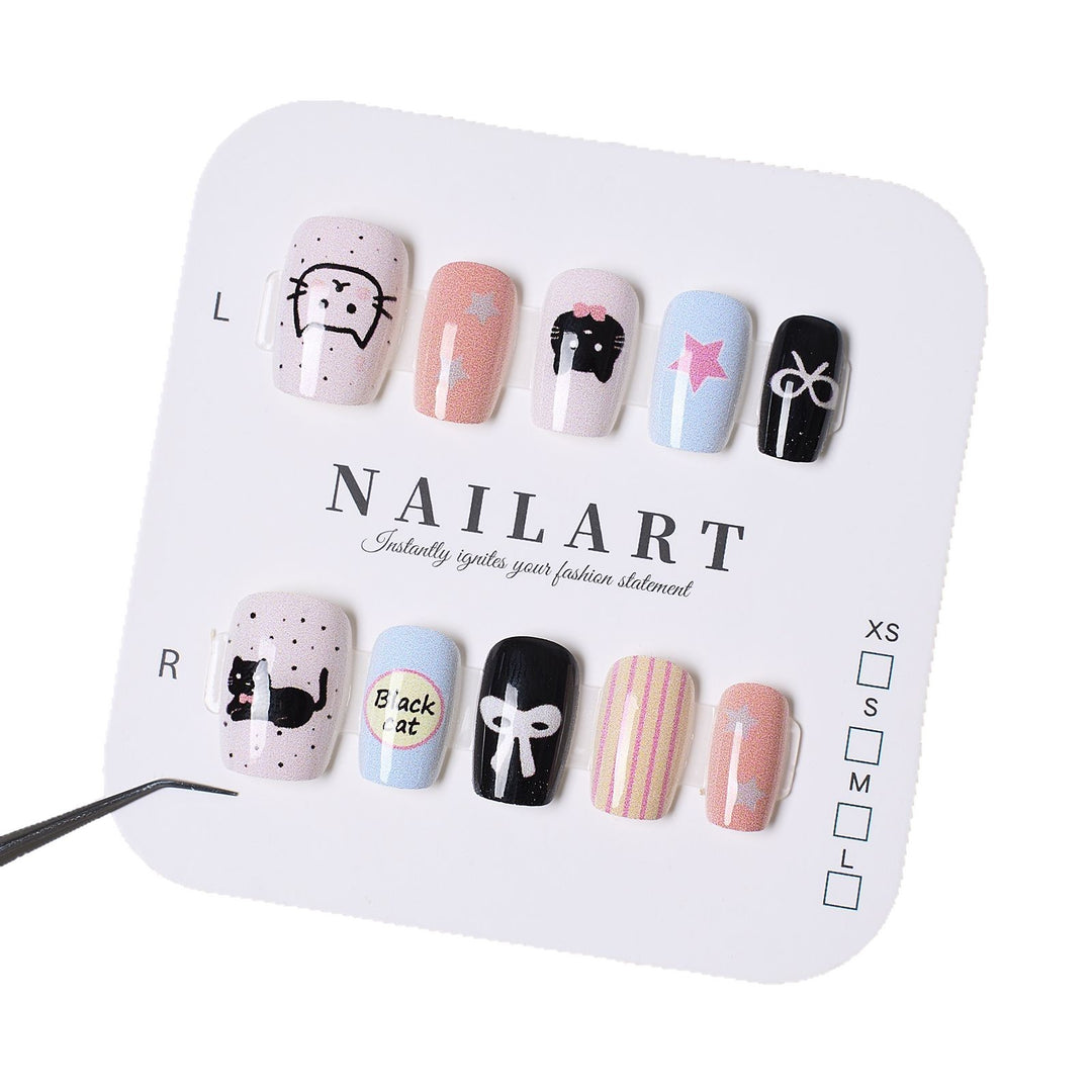 Playful Cat-Themed Press-On Nail Set Bowlift
