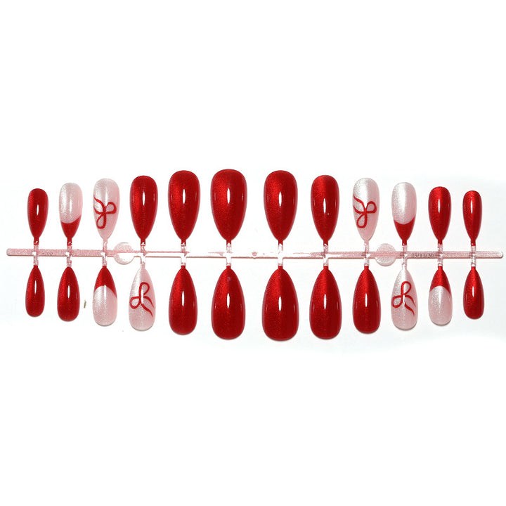 Glossy Press-On Nail Set with Elegant Ribbon Designs Bowlift