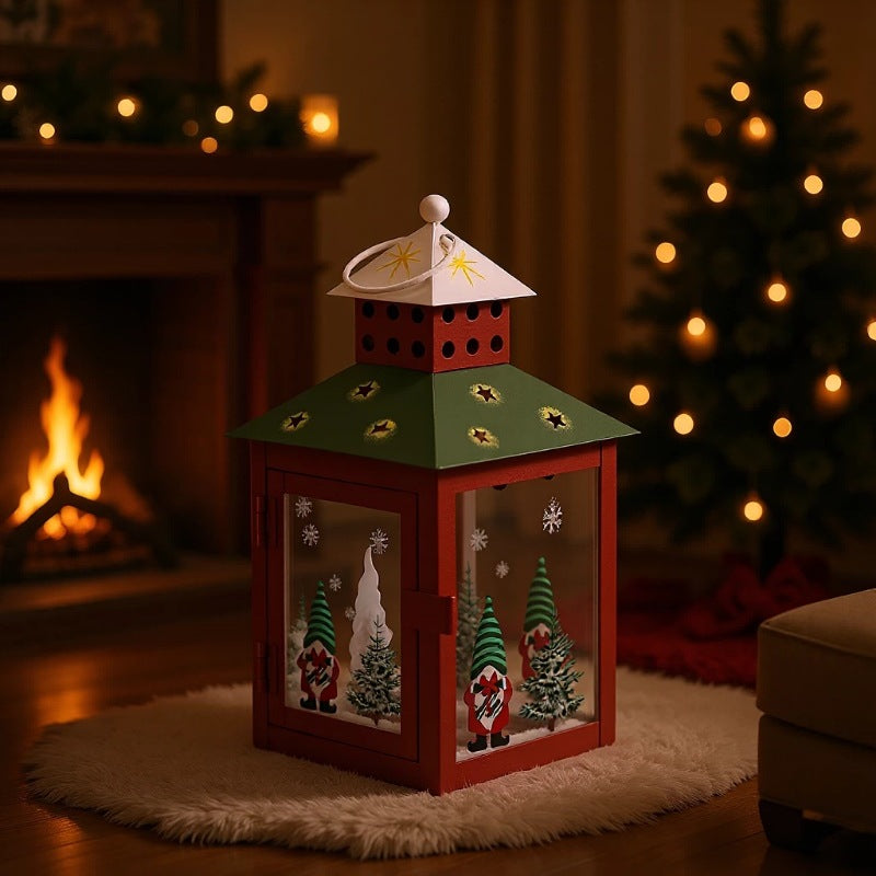 Decorative Holiday Gnome Lantern with Star-Cut Roof and Glass Panel Candle Holder Bowlift