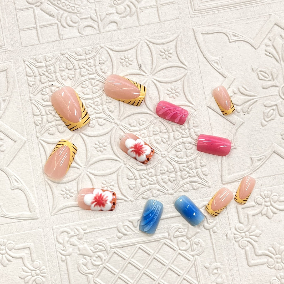 Artistic Press-On Nail Set with Floral and Wave Designs Bowlift