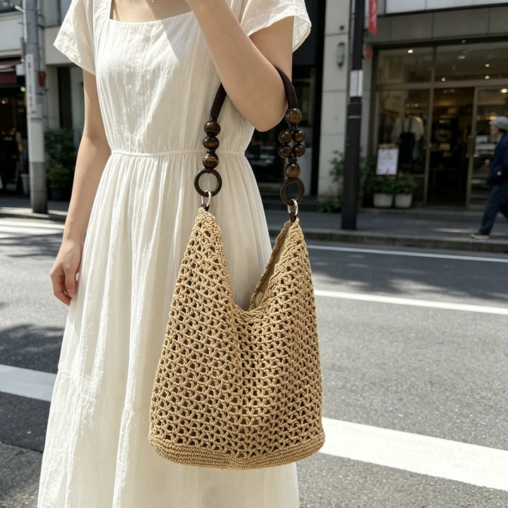 Hand-knotted bucket bag with wooden handles Bowlift