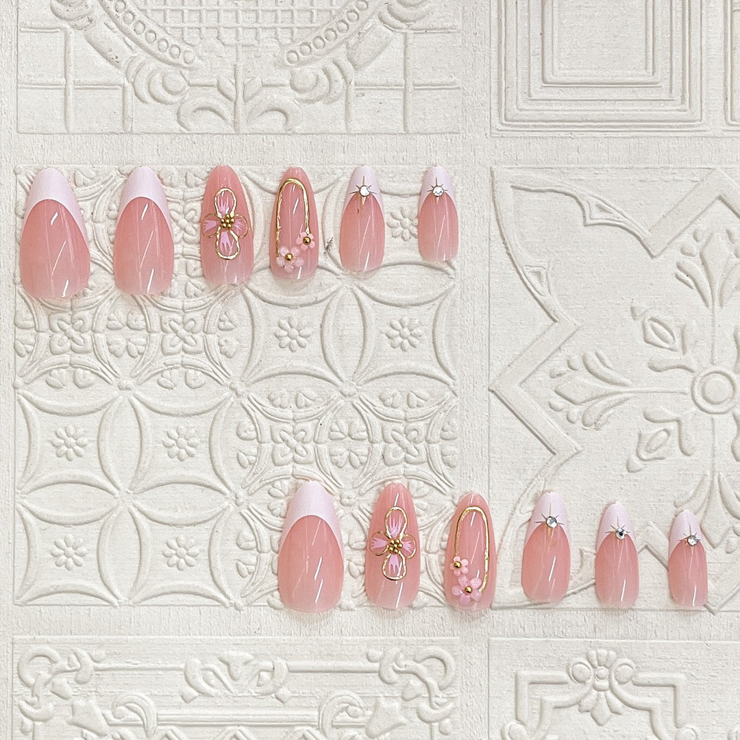 Elegant Press-On Nail Art Set with Floral Accents Bowlift