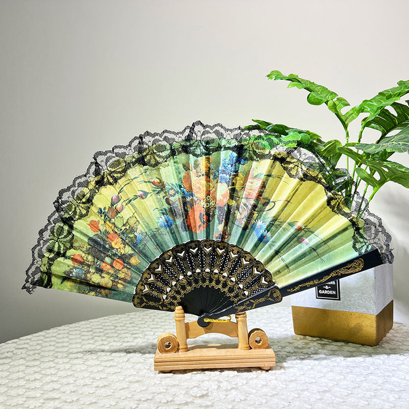 Ladies Elegant Hand Fan with Floral Design and Lace Edges Bowlift
