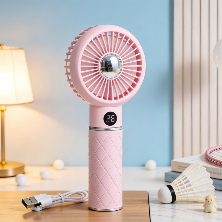 Ladies Portable Mini Hand Fan with Digital Temperature Display and Cute Bear Design Bowlift