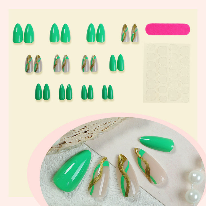 Artistic Press-On Nail Set with Eye-Catching Green Patterns Bowlift