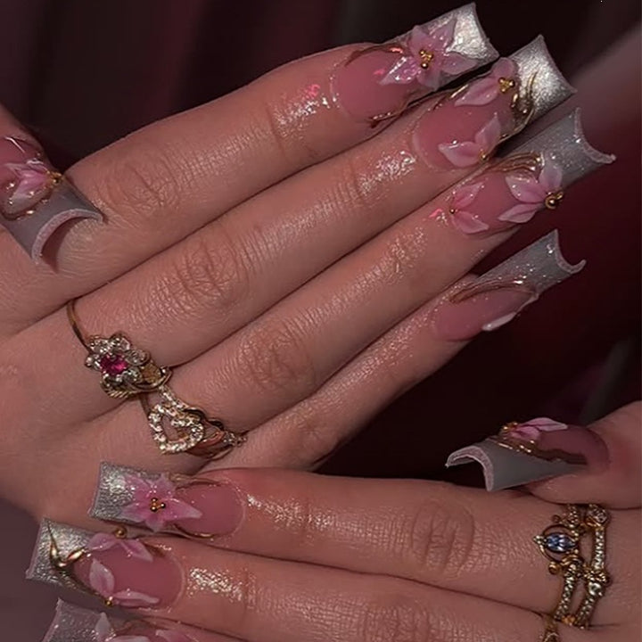 Elegant artificial nail set with floral and glitter elements Bowlift