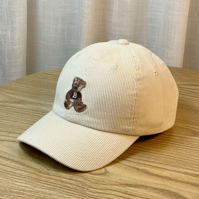 Women's Corduroy Baseball Cap with Teddy Bear Embroidery Bowlift