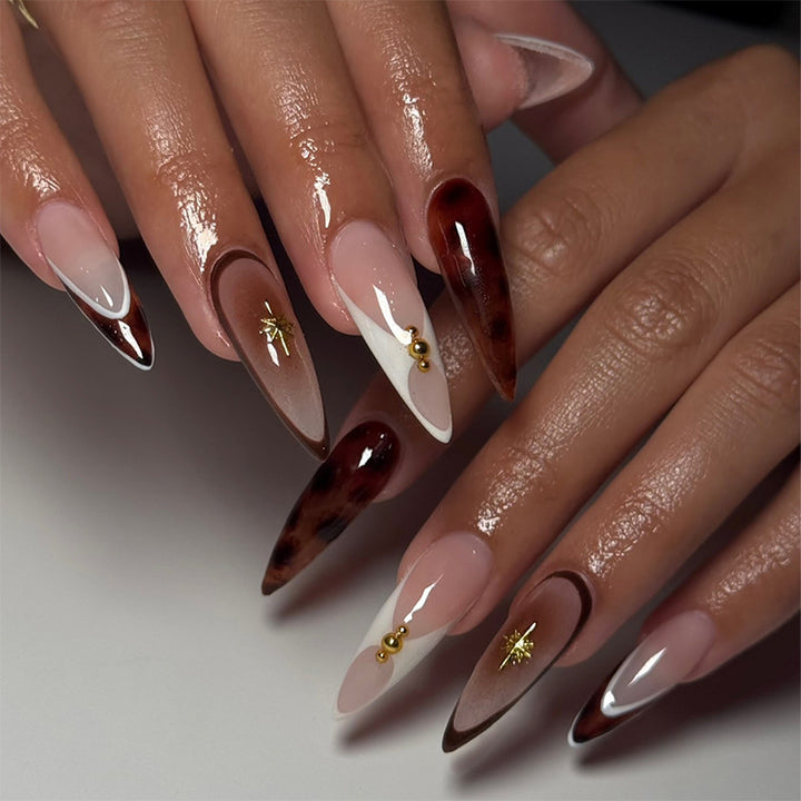Artistic Press-On Nail Set with Unique Tortoiseshell and Subtle Floral Designs Bowlift
