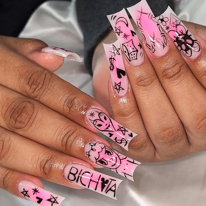 Artificial nail set with playful cartoon motif and shimmering accents Bowlift