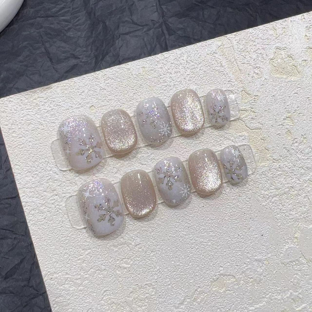 Chic Glittery Press-On Nail Set with Snowflake Design Bowlift