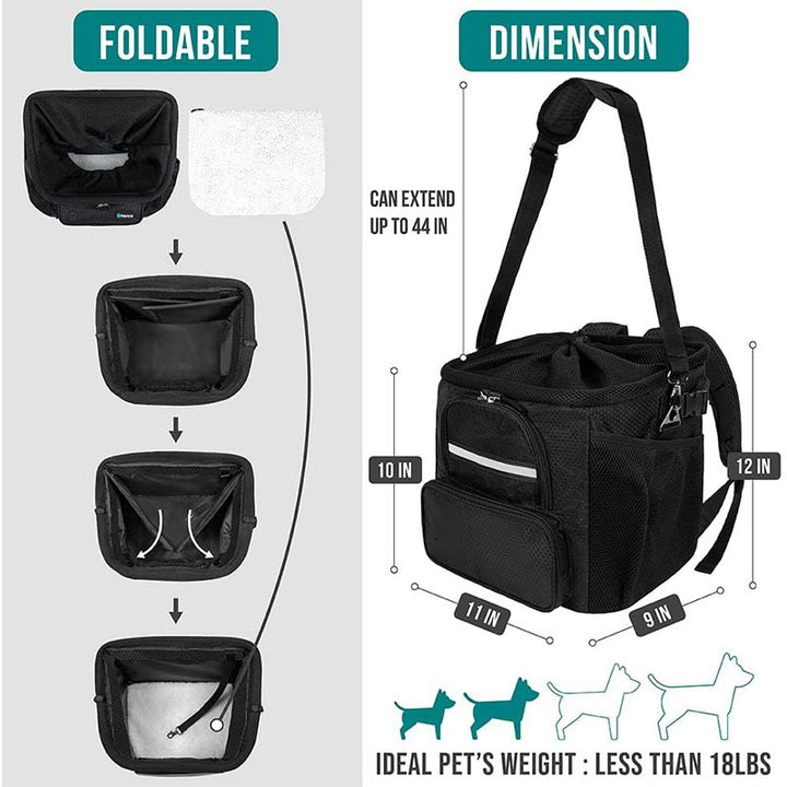 rectangular insulated pet travel tote with drawstring mesh canopy front-access pocket and adjustable padded shoulder strap Bowlift