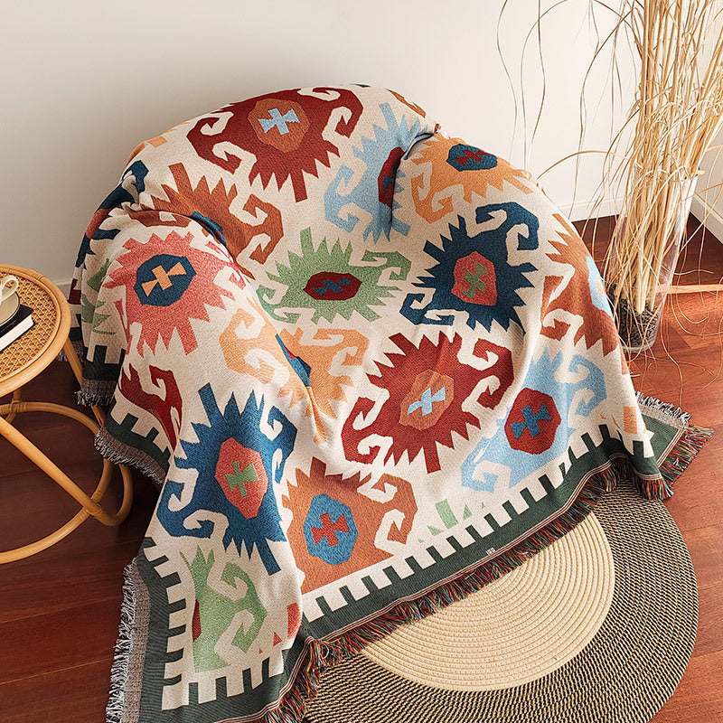 Waffle Weave Cotton-Linen Fringe Sofa Throw Blanket Bowlift