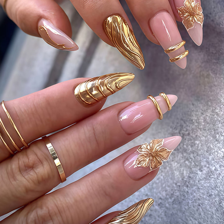 Elegant Metallic Floral Accent Press-On Nails Bowlift
