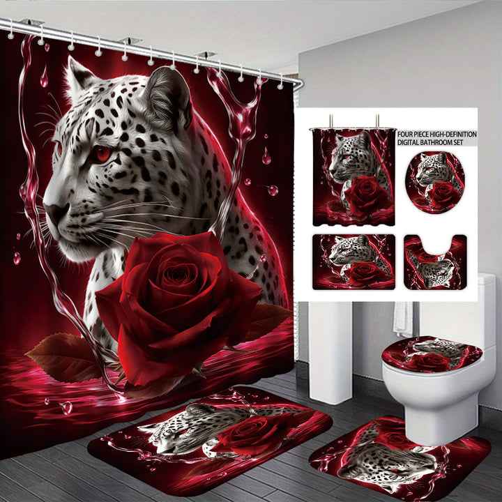 Artistic High-Definition Leopard and Rose-Themed Bathroom Décor Set Bowlift