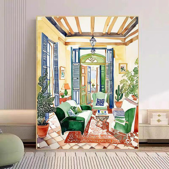 Cozy Living Room Watercolor Art Print Bowlift
