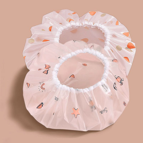 Reusable waterproof ruffled elastic shower cap pair with cute ocean print Bowlift