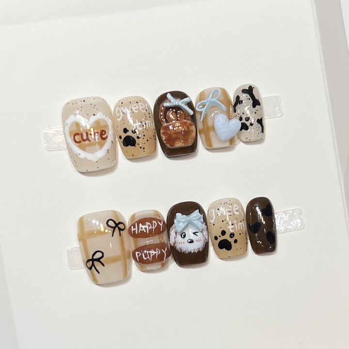 Playful Cartoon Dog-Themed Press-On Nail Art Set Bowlift