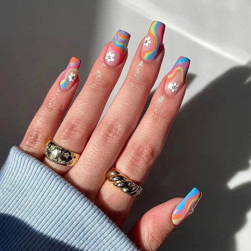 Artful Nail Extensions with Colorful Gradient and Delicate Flower Pattern Bowlift