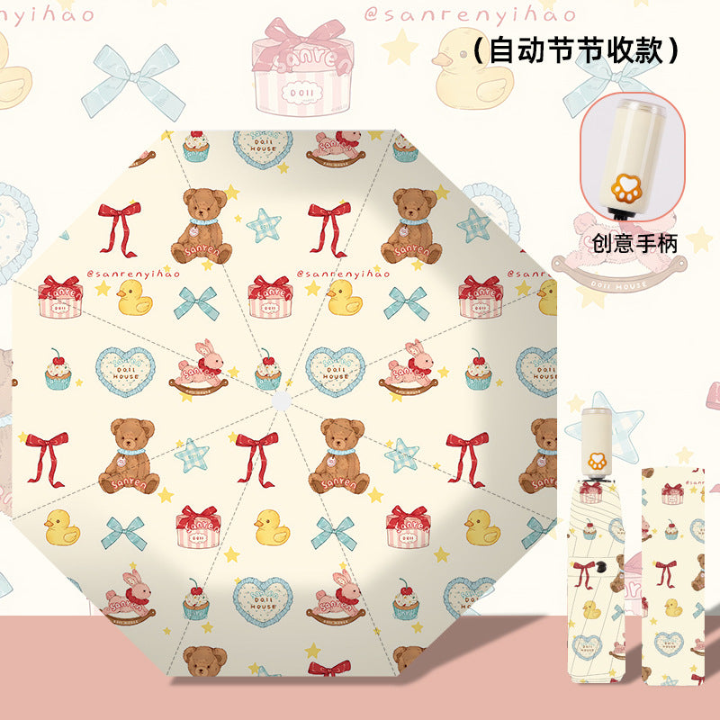 Women's folding umbrella with automatic opening mechanism and playfully themed design Bowlift