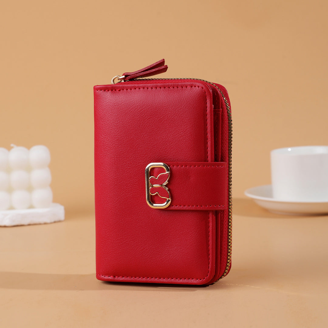 Compact Zip-Around Faux Leather Long Wallet with Butterfly Clasp Bowlift
