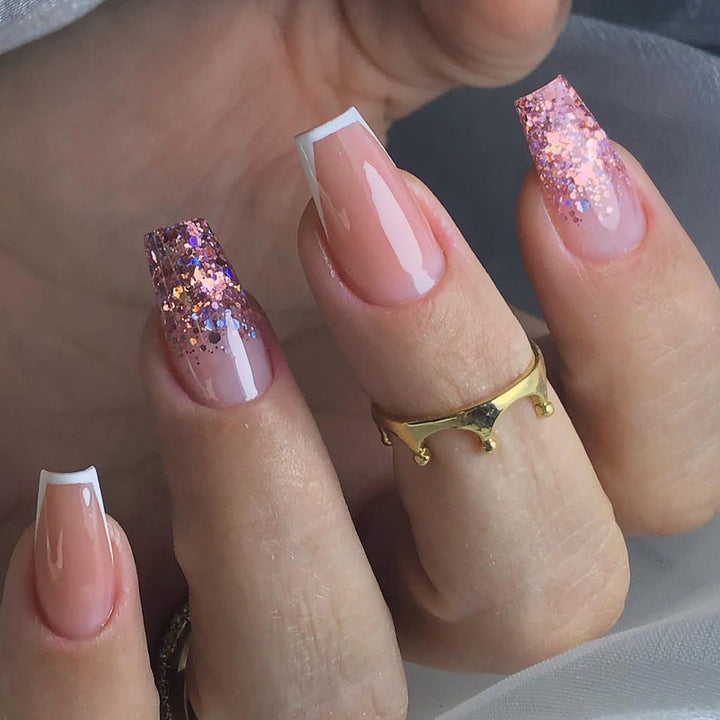 Glamorous glitter nails with elegant French tip design Bowlift