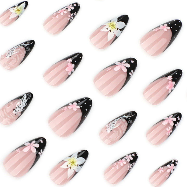 Elegant Nail Extensions with Creative Flowers and Black-White Patterns Bowlift