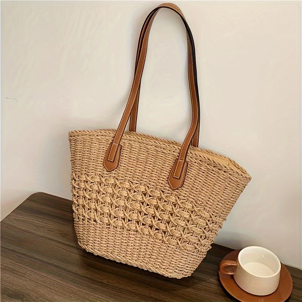 Natural basket bag with elegant leather handles Bowlift