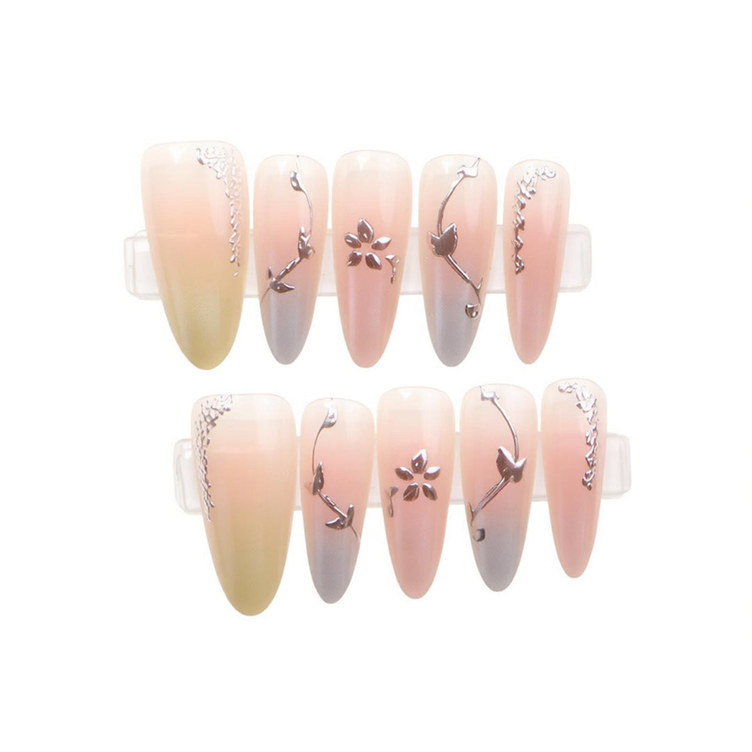 Elegant Press-On Nail Art Set with Floral Embellishments Bowlift