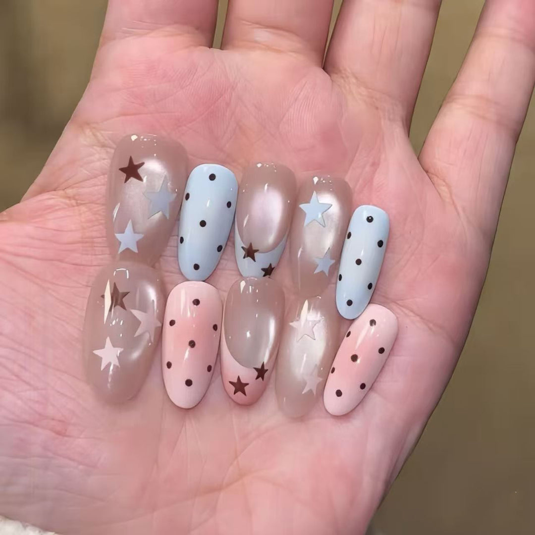 Artistic Press-On Nail Set with Star and Dot Designs Bowlift