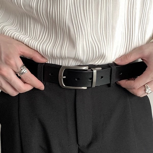 Classic Full-Grain Leather Dress Belt with Brushed Metal Pin Buckle Bowlift
