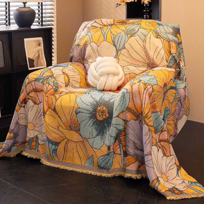 Oversized Cotton-Blend Jacquard Floral Throw Blanket with Fringed Edges Bowlift