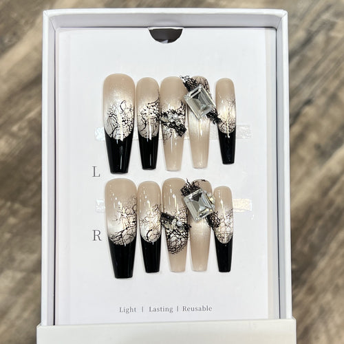 Artistic Press-On Nail Set with Unique Lace and Gemstone Accents Bowlift