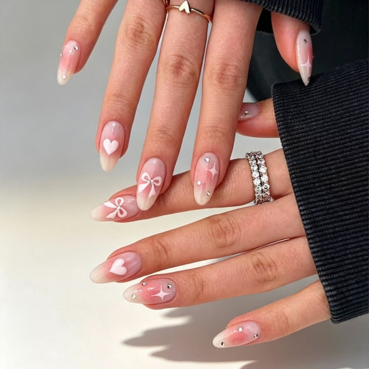Decorative Press-On Nail Art Set with Heart and Bow Designs Bowlift