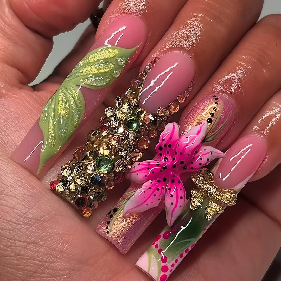 Artistic Floral Press-On Nail Set Bowlift
