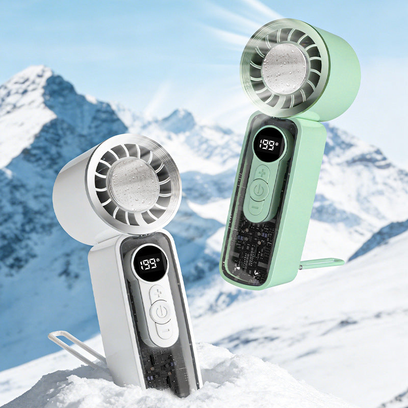 Cooling bladeless micro-turbine handheld fan with OLED battery display and fold-out stand Bowlift