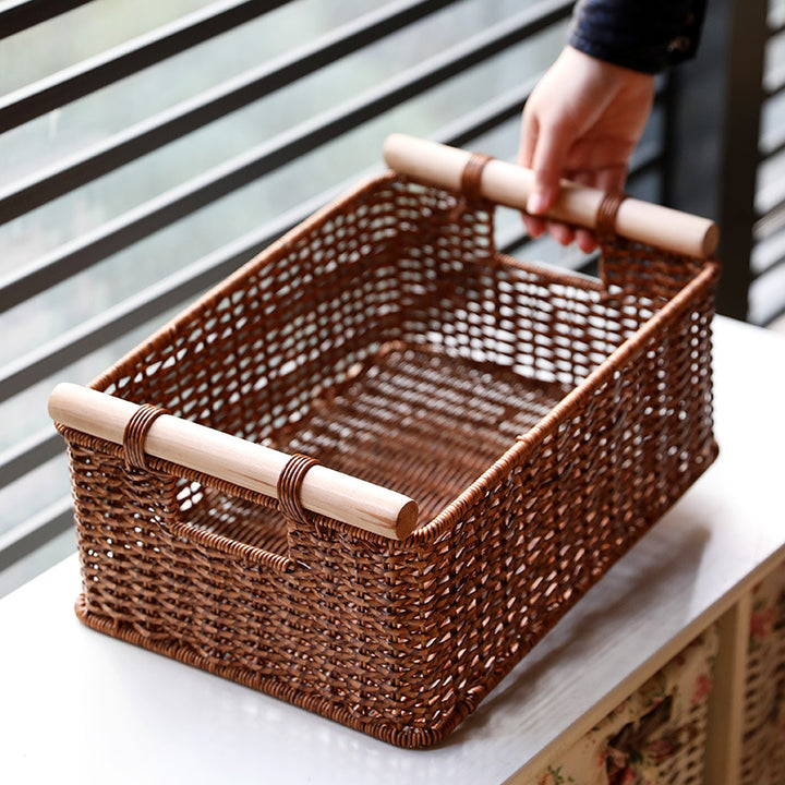 Handcrafted Woven Storage Basket with Wooden Handles Bowlift