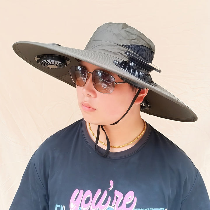 Wide-brimmed sun hat with detachable swivel solar fans and adjustable chin strap Bowlift