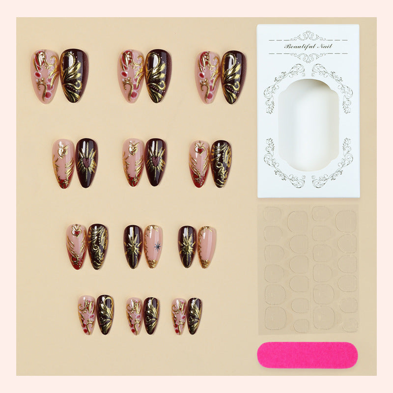 Decorative Press-On Nail Art Set with Intricate Gold Floral Design Bowlift