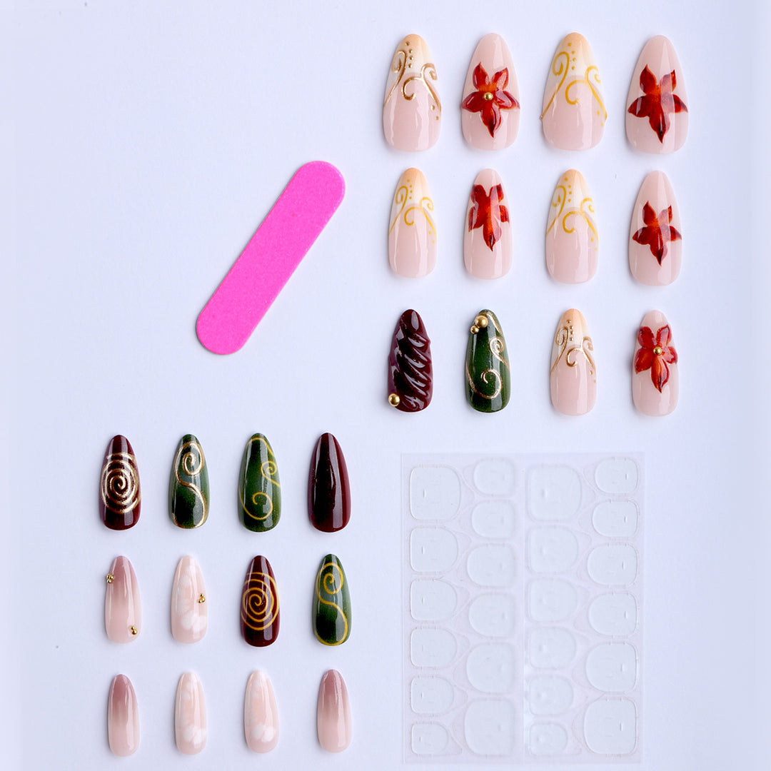 Artificial nails with elegant floral design and noble accents Bowlift