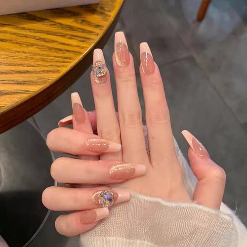 Press-On Nail Set with Elegant Glitter and Crystal Accents Bowlift