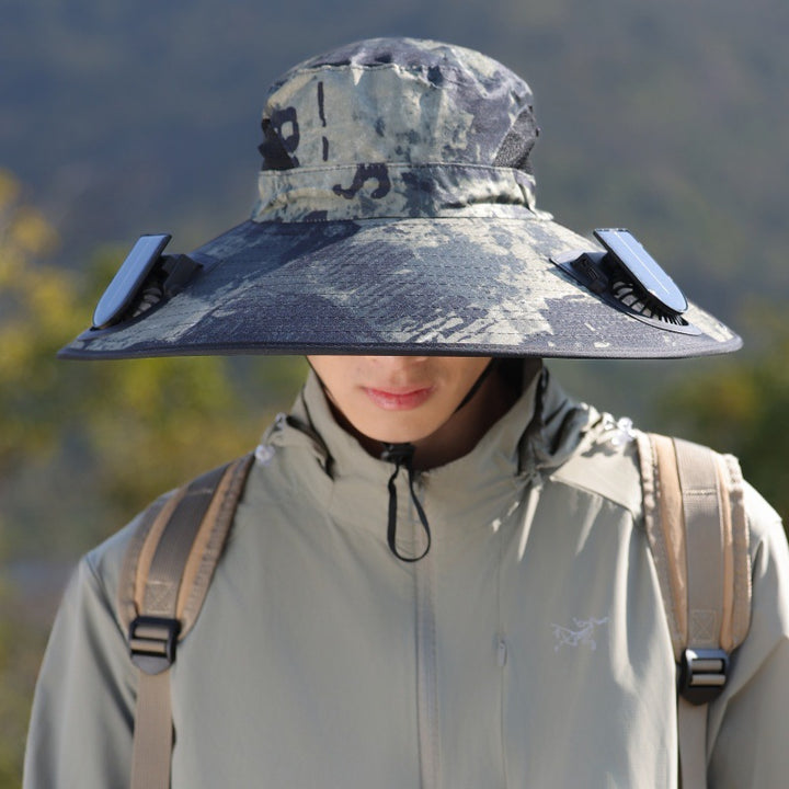 Wide-brimmed outdoor sun hat with solar-powered micro fan, breathable mesh and adjustable chin strap Bowlift