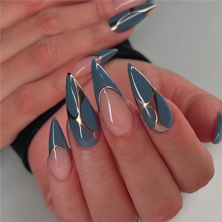 Artistic Stiletto Press-On Nail Design with Metallic Trim Bowlift