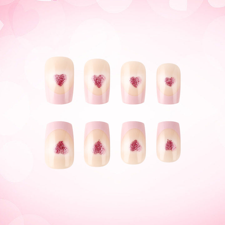 Heart-Embellished French Tip Acrylic Nails Bowlift