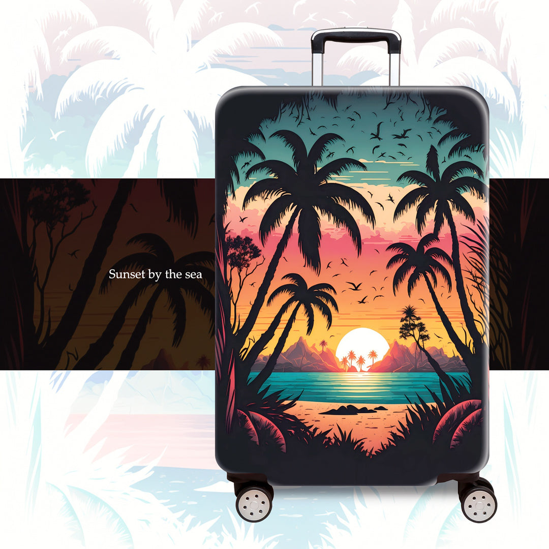 Unisex hard shell trolley printed with tropical sunset design, four wheels, expandable and lightweight, integrated combination lock Bowlift