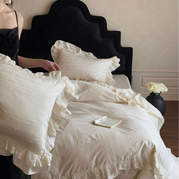 Vintage-Inspired Frilled Jacquard Cotton Duvet Cover Set